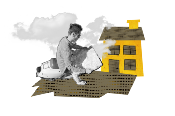 Composite trend artwork sketch image photo collage of young man ride moped lost find travel outdoors moving rent house cloud vacation