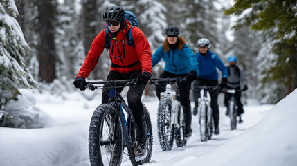 Four fat bike riders pedal modified bicycles with oversized 4.8 inch tires through groomed snow trails bikes designed for flotation as riders tackle challenging terrain in full
