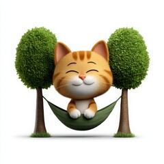 Cute cartoon cat relaxing in a hammock between two green trees
