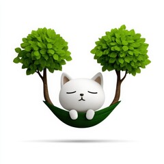 Cute Cat Character Relaxing in Green Nature with Tree Elements