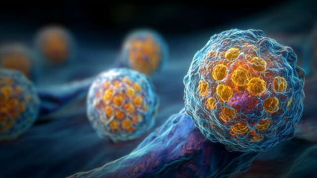 Cancer cells clustering on tissue surface illustrating uncontrolled proliferation and the challenge of oncology research in detecting and targeting malignant growth.
