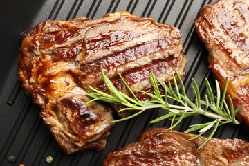 Grilled beef steaks, rosemary and peppercorns on black pan, closeup