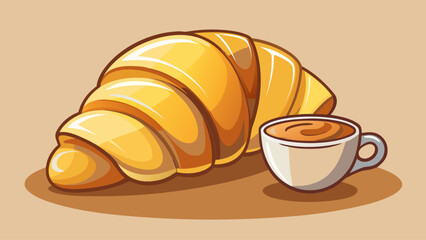 A croissant with a cup of coffee on a table. The croissant is golden brown and has a flaky texture. The coffee is hot and has a creamy foam on top. The scene is cozy and inviting