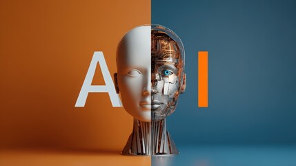 Artificial Intelligence Concept with Human and Robot Face Split Design