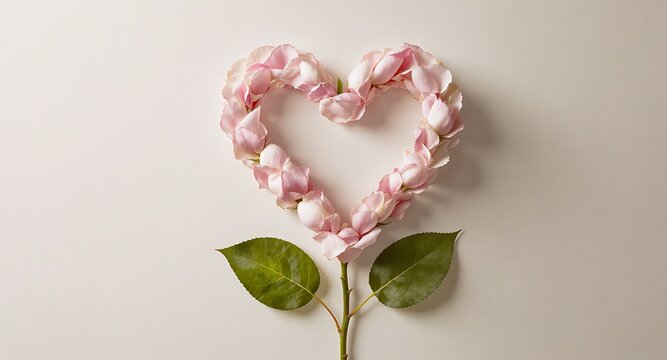 Heart shaped arrangement of pink rose petals with green leaves on white background - Powered by Adobe