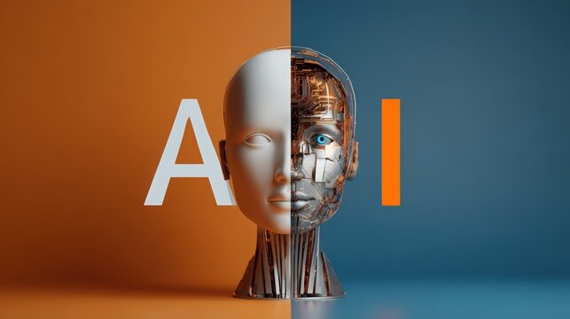 Artificial Intelligence Concept with Human and Robot Face Split Design