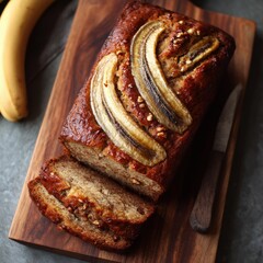 Freshly Baked Banana Bread with Slices on Wooden Board