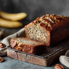 Homemade Banana Bread with Nuts on Wooden Kitchen Surface