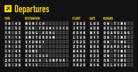 Airport departure board. Mechanical flip-flap airport departure board. Analog departures and arrivals airport board