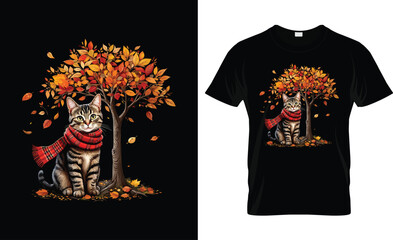 Fall Cat with Scarf Under Autumn Tree