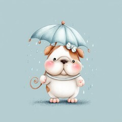 Adorable Cartoon Dog with Umbrella in Rainy Weather Illustration