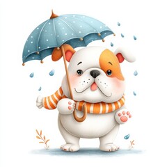 Cute Cartoon Dog with Blue Umbrella and Rain Drops Illustration