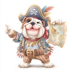 Cheerful Bulldog Pirate Holding Treasure Map and Wearing Costume