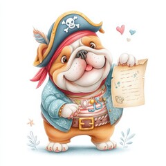 Adorable Bulldog Pirate Character Holding Treasure Map Illustration