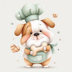 Adorable Cartoon Dog Chef Holding a Bone in a Cute Kitchen Setting