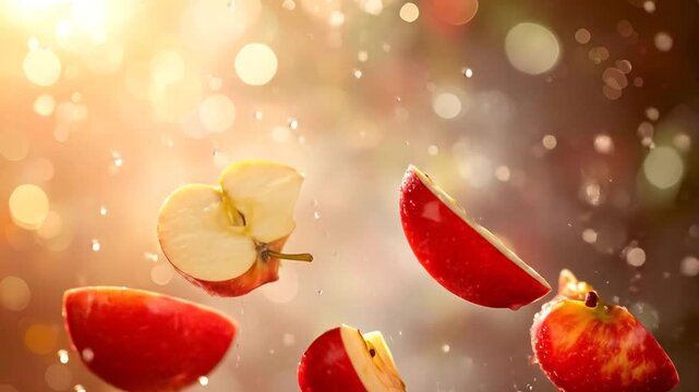Freshly sliced red apple pieces floating in the air against a warm, sunlit background with magical bokeh effects, representing a healthy lifestyle
