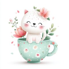 Cute Cat with Flowers in Teacup Illustration for Childrens Decor