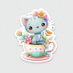 Cute Cartoon Cat with Flowers in a Colorful Tea Cup Sticker Design