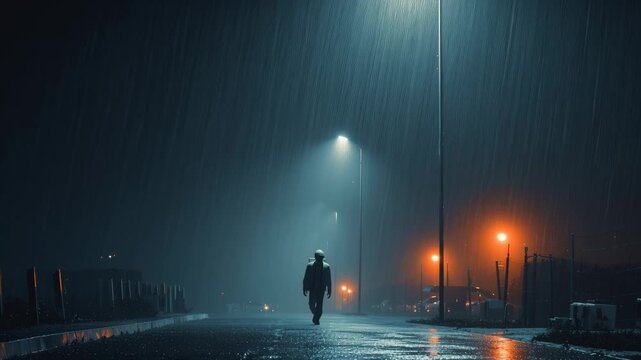person stands under a single streetlamp on a wet, empty road in a heavy, atmospheric rainstorm at night, creating a moody, cinematic scene of urban solitude