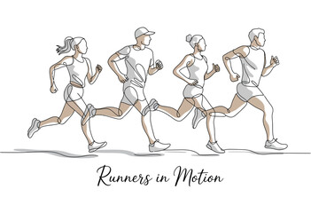 Dynamic sketch of four diverse runners in full stride capturing the energy of a race