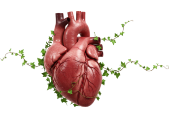 Anatomical heart with ivy isolated on transparent PNG, symbol of health and vitality, nature and medicine concept