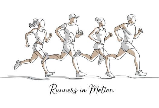 Dynamic sketch of four diverse runners in full stride capturing the energy of a race