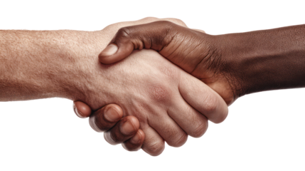 Close up of two hands shaking one light skin and one dark skin isolated on transparent background