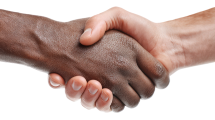 Close up of two hands shaking one dark and one light skin isolated on transparent background