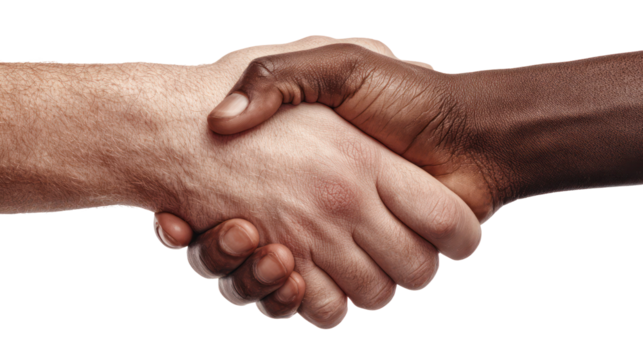 Close up of two hands shaking one light skin and one dark skin isolated on transparent background