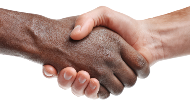 Close up of two hands shaking one dark and one light skin isolated on transparent background
