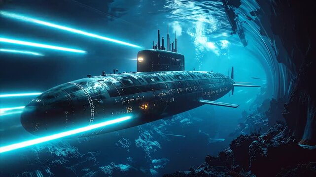 Sleek submarine navigates a luminous underwater tunnel, leaving vibrant blue light trails, symbolizing advanced deep-sea exploration and high-speed aquatic transit