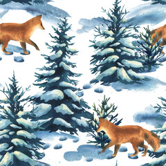 Winter forest seamless pattern with fox among snowy pines, created as a hand-painted watercolor illustration, ideal for wrapping, fabric, wallpapers, and seasonal Christmas decorative design.