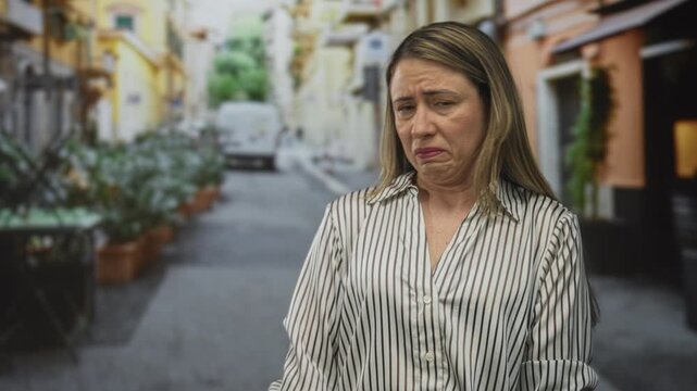 Woman uses hand to cover a sudden sneeze with blurred motion on a sunlit city street; allergy discomfort nasal irritation.