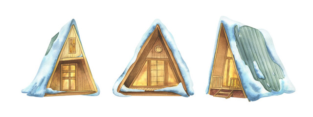 Hand-painted watercolor illustration clipart set with cozy wooden cabins covered in snow, rustic huts perfect for Christmas crafts, invitations, greeting cards, and holiday decorative projects.