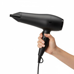 Black hair dryer held in hand isolated on white