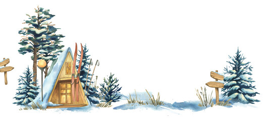 Hand-painted watercolor illustration template with winter cabin, snowy pines, and forest elements, designed as a festive frame for Christmas cards, invitations, posters, and seasonal lettering.
