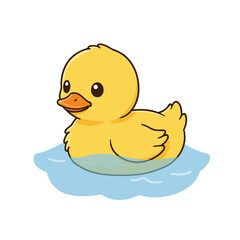 Charming Kawaii Yellow Duck Vector Illustration Floating in Blue Water