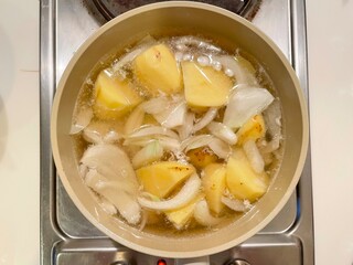 Chopped Potatoes and Sliced Onions Boiling in Water. Home Cooking Preparation: Boiling Vegetables for Soup Base. Top view of home cooking