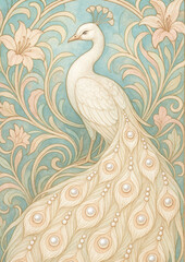 Elegant peacock with floral motifs.