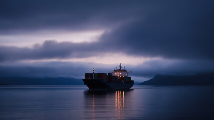 Cargo ship on calm sea at dusk: A container vessel sails under a cloudy sky, its lights reflecting on the water, symbolizing global trade and maritime transport.