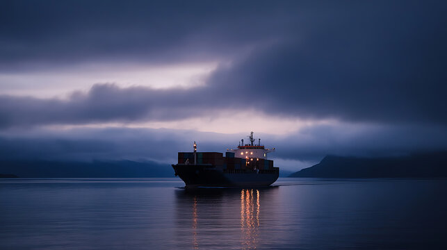Cargo ship on calm sea at dusk: A container vessel sails under a cloudy sky, its lights reflecting on the water, symbolizing global trade and maritime transport.