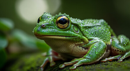 Fototapeta premium Green frog resting with water drops on skin