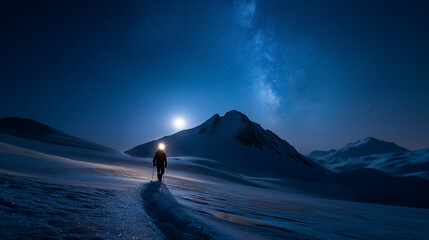 A solo snowshoer traverses an expansive snowfield under brilliant starry sky with headlamp glowing the Milky Way visible overhead while full moon casts blue shadows on untouched