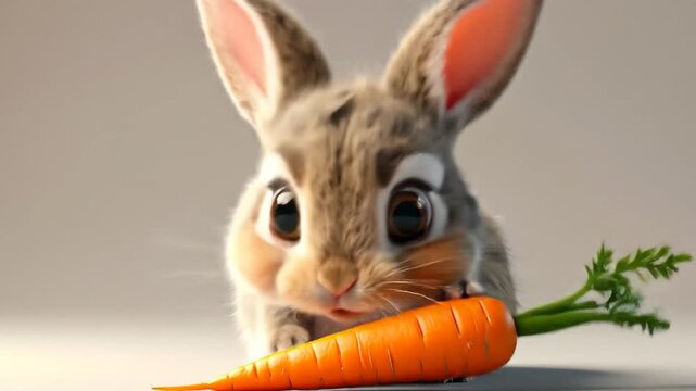 Adorable fluffy bunny rabbit with big eyes nibbling on a fresh, vibrant carrot, captured in a close-up, studio shot