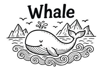 Doodle Arctic Whale. Doodle arctic whale with waves, icebergs, and birds, center word “Whale” in black and white isolated