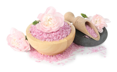 Pink sea salt, spa stones and beautiful flowers isolated on white