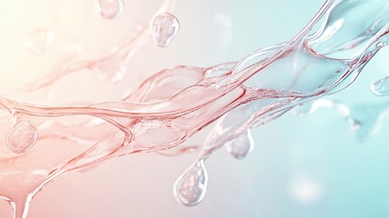 Future biology with delicate swirling clear fluid droplets, abstract cellular science, molecular structure concept, clean science background