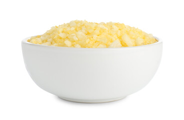Yellow sea salt in bowl isolated on white