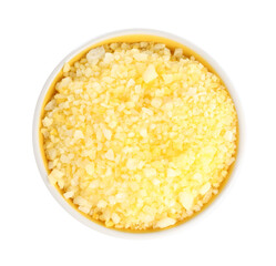 Yellow sea salt in bowl isolated on white, top view
