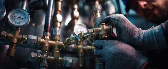 The Valve Mechanic Adjusting Brass Manifold Valves With Pressure Gauges in Factory